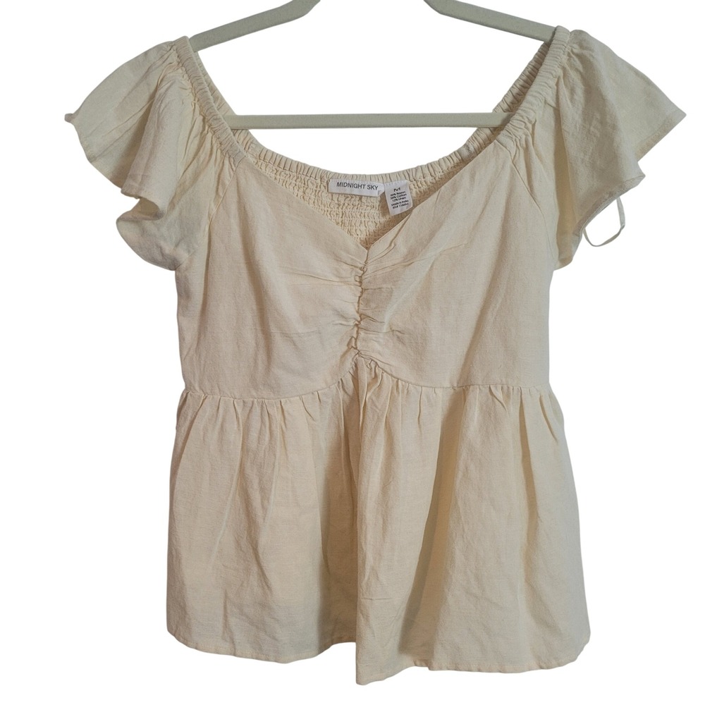 Midnight Sky Cream Linen Blend Smocked Flutter Sleeve Peplum Blouse M Coquette